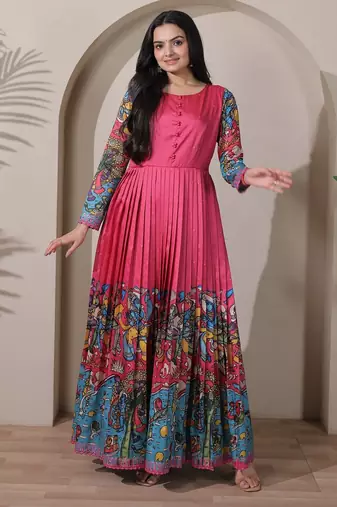 Pink kalamkari print flared maxi gown with full sleeves for women