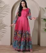 Pink kalamkari print flared maxi gown with full sleeves for women