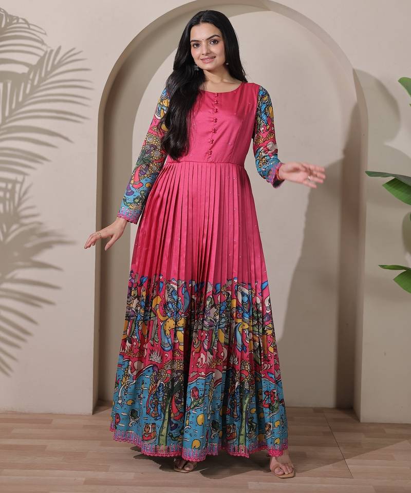 Pink kalamkari print flared maxi gown with full sleeves for women
