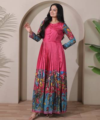Pink kalamkari print flared maxi gown with full sleeves for women 2