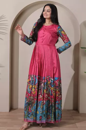 Pink kalamkari print flared maxi gown with full sleeves for women