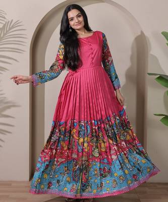 Pink kalamkari print flared maxi gown with full sleeves for women 3