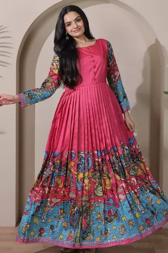 Pink kalamkari print flared maxi gown with full sleeves for women