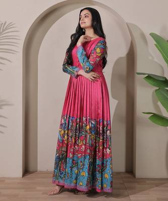 Pink kalamkari print flared maxi gown with full sleeves for women 4