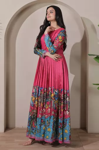 Pink kalamkari print flared maxi gown with full sleeves for women