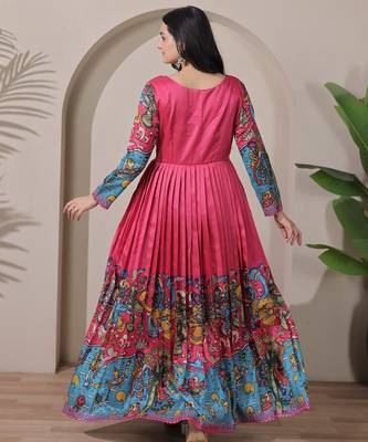 Pink kalamkari print flared maxi gown with full sleeves for women 5