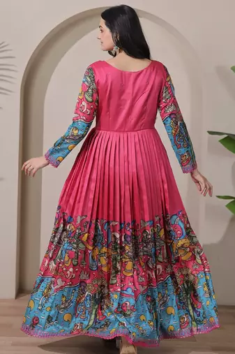 Pink kalamkari print flared maxi gown with full sleeves for women