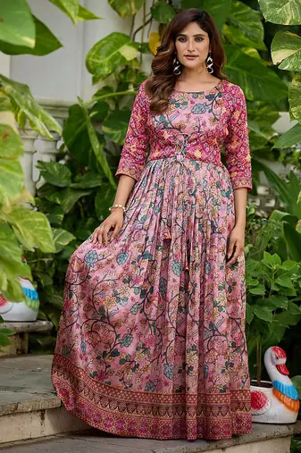 Womens floral printed maxi ethnic gown with round neck