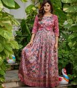 Womens floral printed maxi ethnic gown with round neck