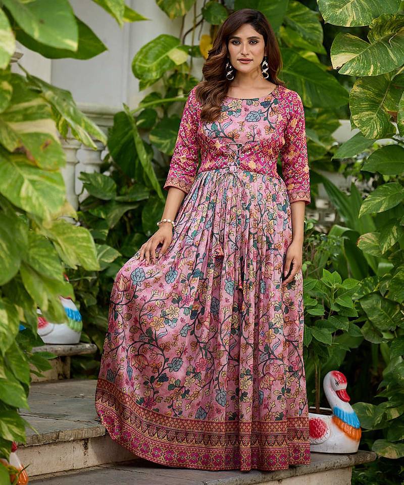 Womens floral printed maxi ethnic gown with round neck