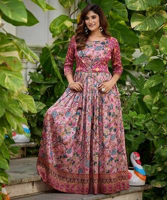 Womens floral printed maxi ethnic gown with round neck 2