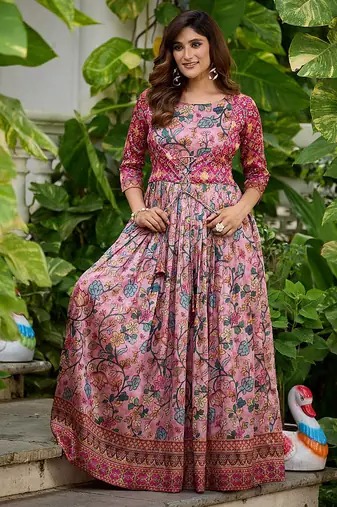 Womens floral printed maxi ethnic gown with round neck