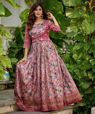 Womens floral printed maxi ethnic gown with round neck 3