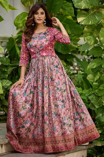 Womens floral printed maxi ethnic gown with round neck