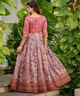 Womens floral printed maxi ethnic gown with round neck 4