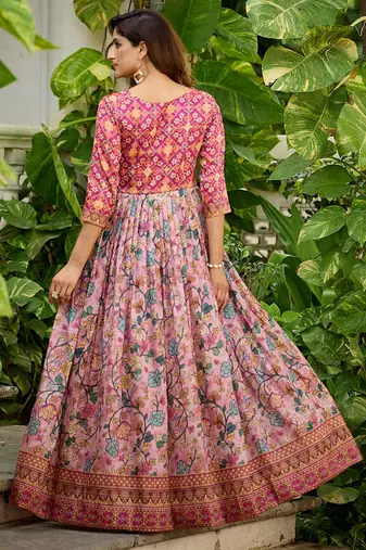 Womens floral printed maxi ethnic gown with round neck