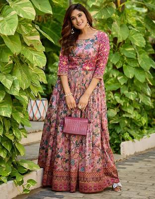Womens floral printed maxi ethnic gown with round neck 5