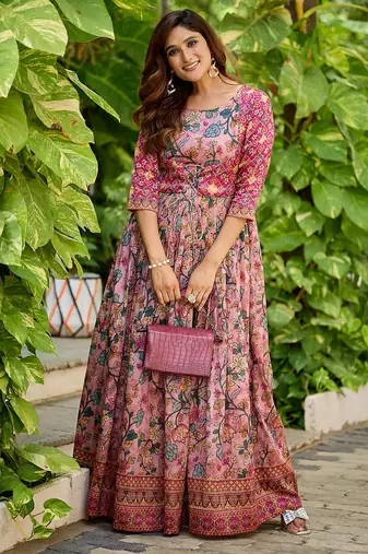 Womens floral printed maxi ethnic gown with round neck