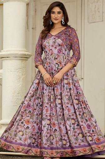 Women floral printed fit & flare ethnic gown with jacket