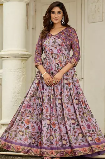 Women floral printed fit & flare ethnic gown with jacket