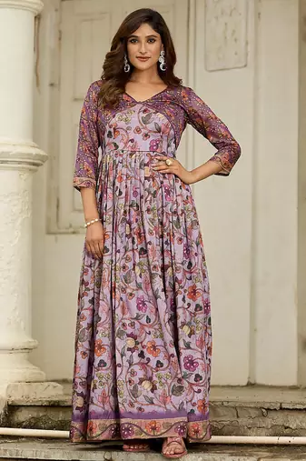 Women floral printed fit & flare ethnic gown with jacket