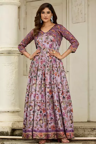 Women floral printed fit & flare ethnic gown with jacket