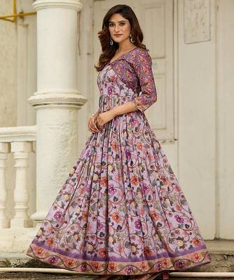 Women floral printed fit & flare ethnic gown with jacket 5