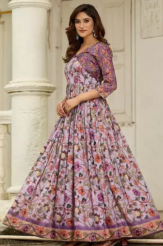 Women floral printed fit & flare ethnic gown with jacket
