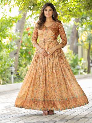 Womens ethnic cream angrakha style printed maxi gown 1