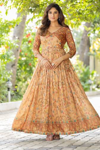 Womens ethnic cream angrakha style printed maxi gown