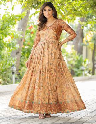 Womens ethnic cream angrakha style printed maxi gown 2