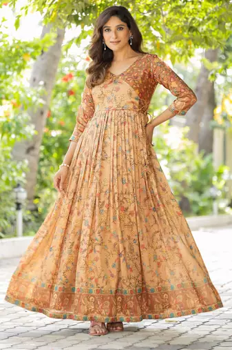 Womens ethnic cream angrakha style printed maxi gown