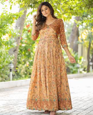 Womens ethnic cream angrakha style printed maxi gown 3
