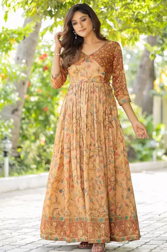 Womens ethnic cream angrakha style printed maxi gown