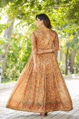 Womens ethnic cream angrakha style printed maxi gown 4