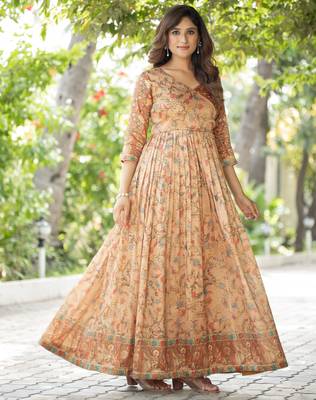 Womens ethnic cream angrakha style printed maxi gown 5