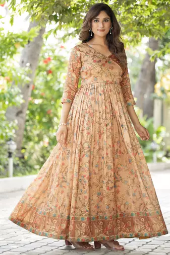 Womens ethnic cream angrakha style printed maxi gown