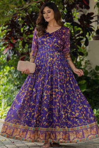 Womens violet angrakha style printed maxi gown