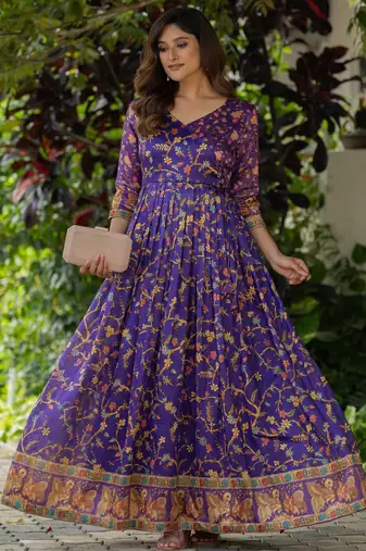 Womens violet angrakha style printed maxi gown