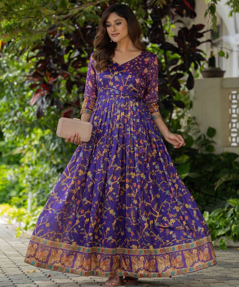 Womens violet angrakha style printed maxi gown