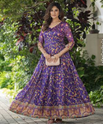 Womens violet angrakha style printed maxi gown 2