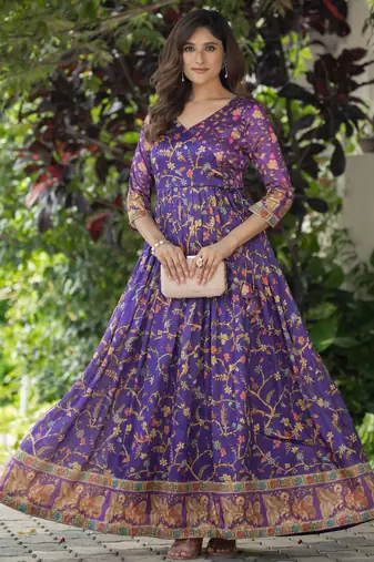 Womens violet angrakha style printed maxi gown