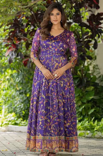 Womens violet angrakha style printed maxi gown