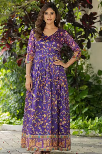 Womens violet angrakha style printed maxi gown