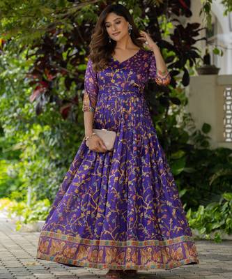 Womens violet angrakha style printed maxi gown 5