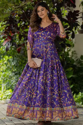 Womens violet angrakha style printed maxi gown