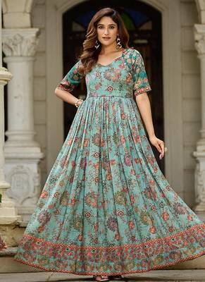 Women floral printed fit & flare ethnic gown with v-neck 1