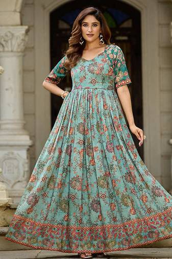 Women floral printed fit & flare ethnic gown with v-neck