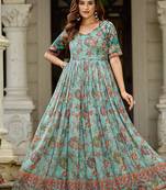 Women floral printed fit & flare ethnic gown with v-neck