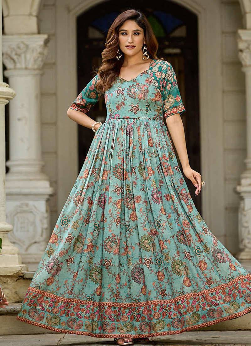 Women floral printed fit & flare ethnic gown with v-neck